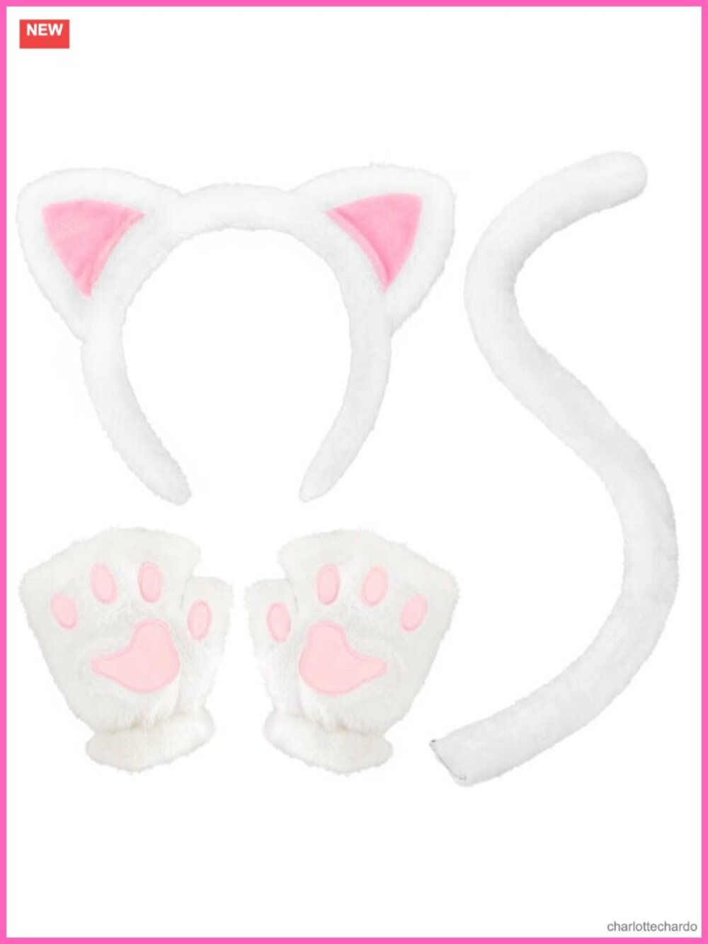 Cat Ear Headband Plush Faux Fur Tail Paw Gloves Cosplay Costume Accessory Set